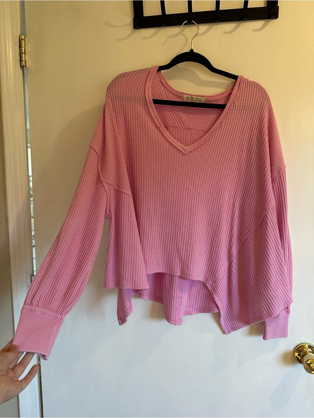 We The Free Pink Waffle V-Neck Boxy Long Sleeve Top